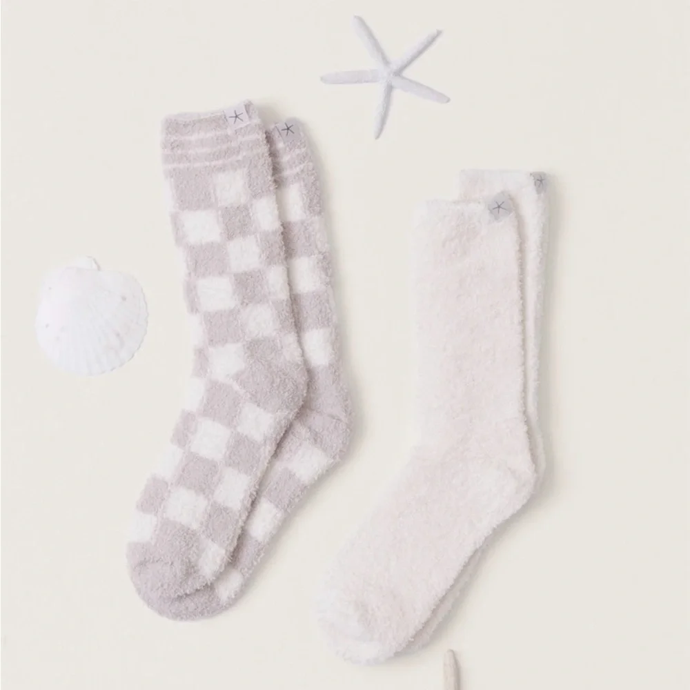 NWT Barefoot Dreams CozyChic checks &stripes 2 pack socks -stone multi